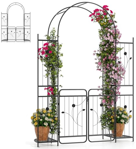 Arco de Jardín de Metal de 220 cm con Puerta y 2 Estantes para Plantas Trepadoras, Arco con Enrejado Decorado con Flores y Hojas, Arco Exterior para Césped, Patio y Bodas, Negro