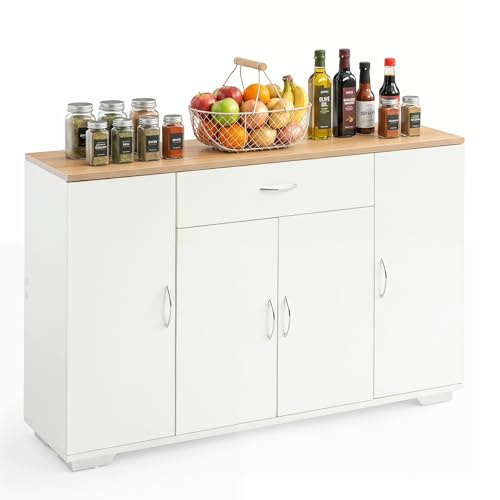 Küchenunterschrank mit Schublade und Türen, Moderner Küchenschrank Unterschrank Stauraum Schrank Sideboard Mehrzweckschrank Küchenmöbel Aufbewahrungsschrank für Küche/Esszimmer/110x30x70CM/Weiß&Buche