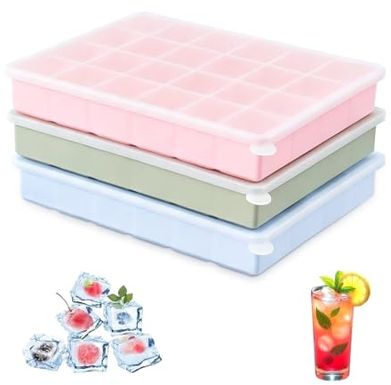 Eiswürfelbehälter mit Deckel, 3 Stück 24 Fach Silikon Eiswürfelform | 2.3CM Quadratische Eiswürfel BPA Frei Ice Cube Tray für Cocktails, Whisky, Wein, Getränke (Blau & Rosa & Violett)