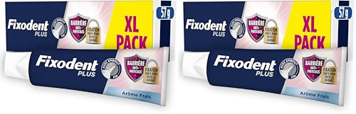 Fixodent Crème Adhésive Plus Barrière Anti-Particules, Pour Prothèses Totales et Partielles, Goût Neutre, Tenue Et Confort Tout Au Long De La Journée, Arome Frais (Lot de 2)