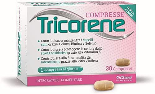 Chiesi, Tricorene compresse - Integratore Alimentare che contribuisce al mantenimento dei capelli sani grazie a Zinco, Biotina e Selenio. Specifico per Cura dei Capelli, Senza Glutine - 30 compresse