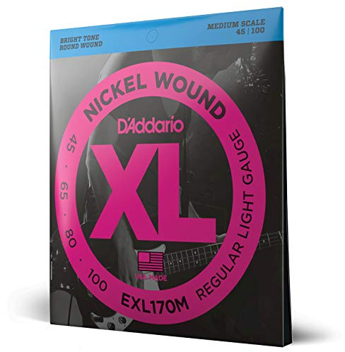 D'Addario E Bass gitarrsträngar – strängar E bas – basgitarr strängar – E bassträngar – bas gitarrsträngar – EXL170M – ljus, 45–100 – medium skala
