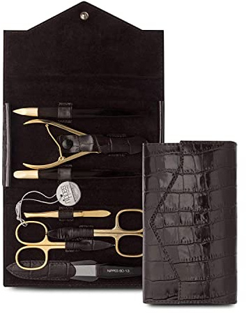 nippes Solingen Premium Line manikyrset Croco, 7 delar, rostfritt stål rost- och nickelfri, nötläderfodral i kroko-design, förgyllt nagelvårdsset, pedikyr manikyr, Made in Germany