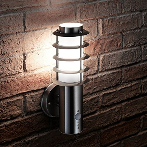 Auraglow PIR Motion Sensor LED Wall Light Stainless, Cool White E27 | Outdoor security lamp, candle bulb included, adjustable lux and timer, IP44, for porch and front door