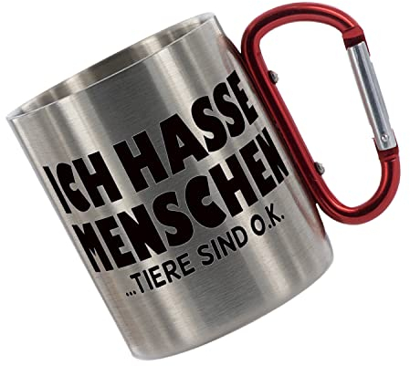 CreaLuxe Edelstahltasse mit Karabiner - Ich Hasse Menschen - Tiere sind o.k. - 330ml, Tasse bedruckt, Kaffeetasse, Bürotasse, Metalltasse
