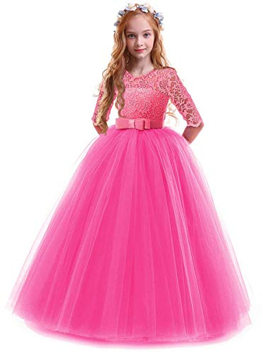IBTOM Castle Filles Robes C?r?Monie Dentelle Florale 3/4 Manches pour Mariage Demoiselle d'honneur Soir?e Communion F?Te Anniversaire Bapt?me Pagent Prom 2-14 Ans Rose Vif 7-8 Ans