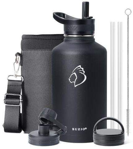 BUZIO Insulated Water Bottle with Straw 2L, Stainless Steel Insulated Water Bottle, Half Gallon Canteen Metal Thermo Mug Hydro Jug, Double Vacuum Hot Cold Water Bottles Carrying Pouch, Black