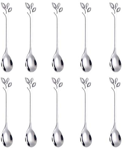 AnSaw Elegant Silver Leaf Coffee Spoons - 10-Piece, 4.7 Mini Stainless Steel Espresso & Dessert Tea Spoons, Perfect for Demitasse & Small Servings
