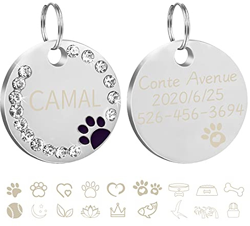 CAMAL 2 Stück Runder Strassstein Hundemarke mit Gravur, Katzenpfote Anhänger mit Gravur, Welpen Zubehör für Hunde und Katzen, Personalisierbar (Schwarz)