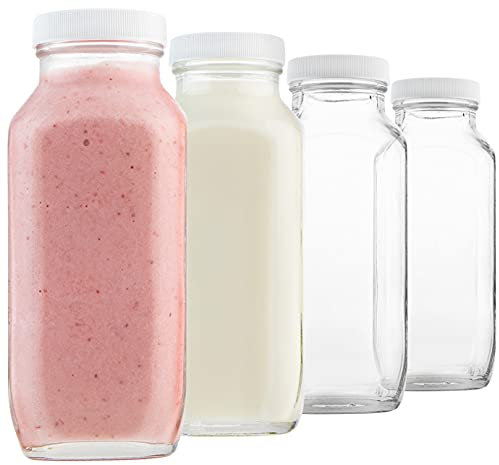 kitchentoolz 16oz Glass Milk Bottles with Lids – 16 oz Reusable Glass Bottles for Milk, Creamer, Juice, Smoothies, Kefir & Yogurt – Airtight Square Drinking Jars for Lunch Box & Fridge – 4 Pack