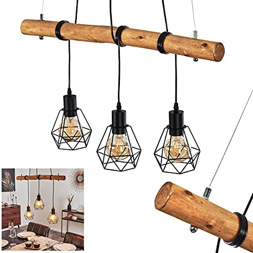 HOFSTEIN Pendelleuchte Seegaard, 3-flammige Hängelampe aus Metall/Holz in Schwarz/Braun im skandinavischen Design, Hängeleuchte mit Holzstab und gitterförmigen Schirmen, 3 x E27, höhenverstellbar