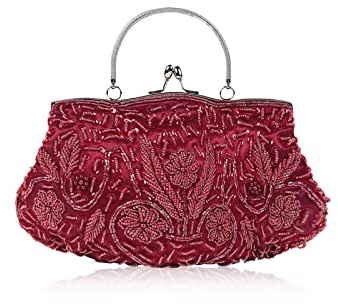 CORIOS Damen Handgemachte Perle Handtasche Floral Abendtasche Vintage Clutch Tasche Elegante Schultertasche Klein Tasche Kette Umhängetasche Hochzeit Bankett-Party Abschlussball Tasche Weinrot