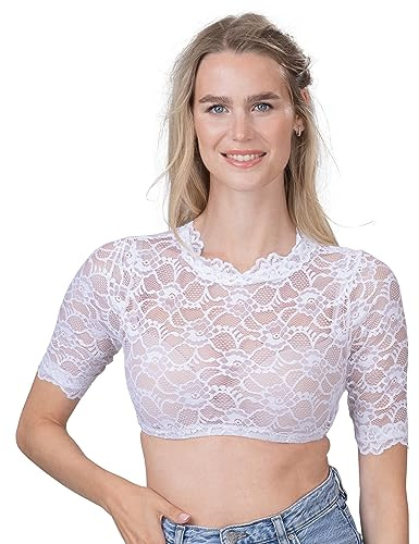 Schöneberger dräkter couture dam Dirndlblus högstängd av delvis transparent spets – vit stretch Dirndl-blus Lene, Vit, 38