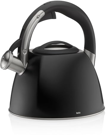 kela Bouilloire à induction 2,4L, Bouilloire à flûte en acier inoxydable, pour tous les types de cuisinières, avec ouverture sécurisée du couvercle verseur par bouton-poussoir, VITUS, noire mate