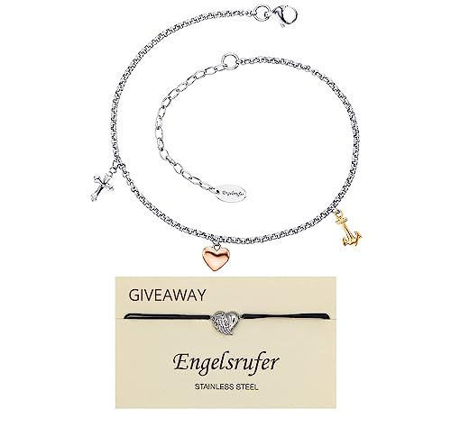 Engelsrufer Set Fußkettchen Glaube Liebe Hoffnung für Damen aus Edelstahl, Tricolor, Karabinerverschluss inkl. Armband Herzflügel aus Edelstahl, Größenverstellbar, SET ERFS-FLH-TRI + ERJC-HEARTWING
