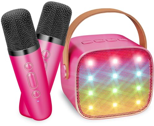 Karaoke Machine Mini Karaoke Machine for Kids Adults Karaoke Machine 2 Microphones and LED Lights Portable Bluetooth Speaker Birthday Gifts Toys for Girls and Boys (Rose)