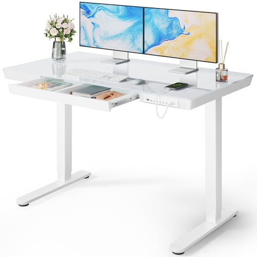 Marsail Stehschreibtisch aus Glas mit Schublade, 121,9 x 61 cm, elektrischer Stehpult, höhenverstellbarer Schreibtisch mit einteiliger Tischplatte & USB-Ladeanschlüssen, Sitz-/Stehschreibtisch mit