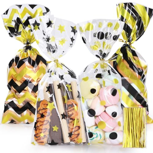 Bigqin 100 Stück Zellophantüten, 4 geometrische Muster Süßigkeiten Tüten Transparent Geschenktüten Plastik Verpackungstüten mit 120 Twist Krawatten für Kinder Partyzubehör - 27 x 12,5 cm