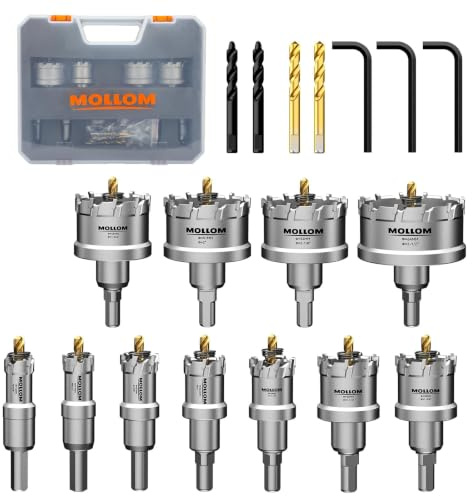 Mollom 11Pièces (16-64mm) Kit de Scies-Cloche en Carbure TCT pour Métaux Durs, avec 4 Forets Pilotes et 3 Clés Hexagonales pour Acier Inoxydable, Fer, Aluminium, Alliages, Métal