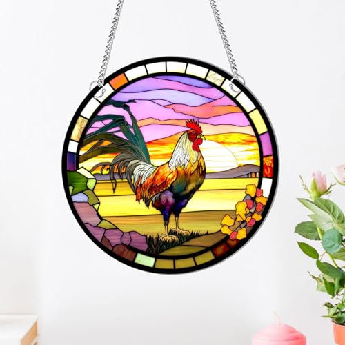 HOTIYOK Niedlicher Hahn, Acryl-Fensterbehang, Sonnenaufgang, Sonnenfänger, gebeizte Fenster- und Wanddekoration mit Kette für drinnen und draußen, ideales Einweihungsgeschenk, Heimdekoration für Oma,