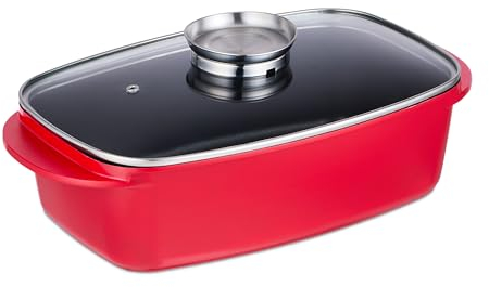 Relaxdays Pirofila da Forno con Coperchio, Teglia 5 L, Pomello per Aromatizzazione Piano Cottura Elettrico e Gas, Rosso