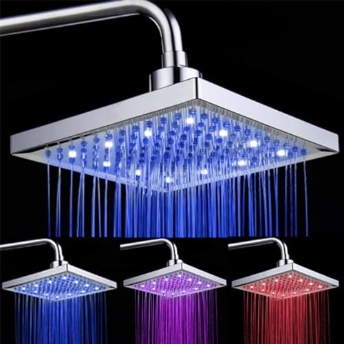 FUUBAMB00 Pommeau de Douche LED, 3 Couleurs Changeantes, Capteur de Température, Pomme de Douche Fixe Carrée de 8 Pouces, Résistant Aux Pulvérisations Supérieures