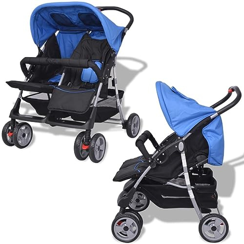 Ailgely Zwillingskinderwagen Geschwisterwagen Klappbares Design, bis 30 kg (2X 15 kg) für Zwillinge und Brüder von 0 Monaten, Kinderwagen Baby Kinder Kinderbuggy Reisebuggy Stahl Blau und Schwarz