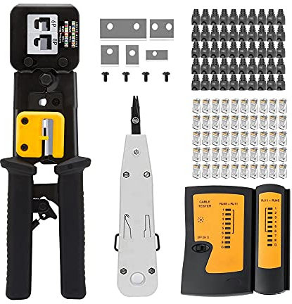 MAYLINE RJ45 Pelacables Alicates de Kit de Herramientas de Crimpado, Probador Cable de la Red Cat5 Cat5e Cat6 Network Tool LAN paso 50 Conectores (Negro)