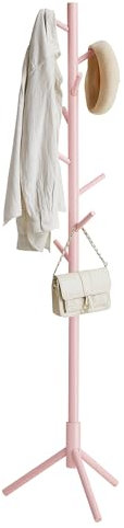 VASAGLE Garderobsställ, klädställ av massivt trä, garderob i trädform, 8 krokar, 3 justerbara höjder, för kläder hattväska, vardagsrum sovrum kontor, pastellrosa RCR004R01