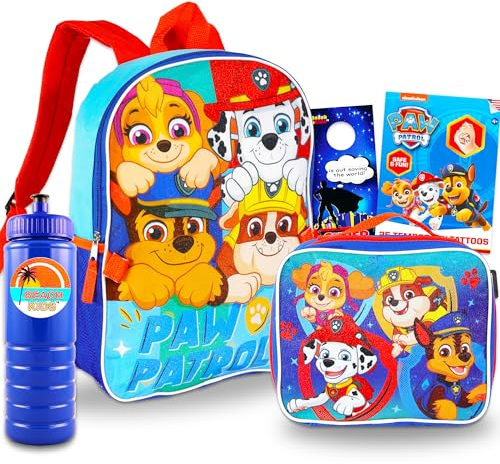 Paw Patrol Mochila con lonchera – Paquete con mochila de 16 pulgadas, fiambrera, botella de agua, tatuajes, más mochila para niños, Varios colores, Paw Patrol Backpack for Girls, Paw Patrol Mochila,