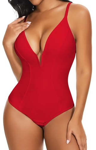 SHAPERIN Body Sculptant Femme Col en V Body Gainant Ventre Plat Shapewear Bodysuit Contrôle du Ventre Débardeur Rouge 2# M