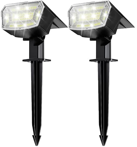 TECKNET Solar Spot Lights Outdoor Garden - Dusk to Dawn 6500K Cool White Light Solar Powered, 3 Brightness Levels Pathway Lighting IP65 Waterproof for Outdoor Pathway/Yard/Landscape, 2 PCS
