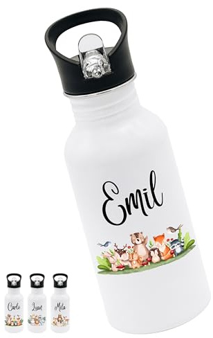 Bärenfreunde® - Personalisierte Trinkflasche Kinder Edelstahl [ 500ml ] - Robuste Trinkflasche mit Namen - Wasserflasche mit Trinkhalm - Personalisierte Geschenke für Kinder (Tiere winkend)