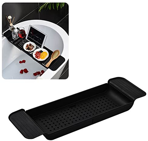 JTLB Erweiterbare Badewannenablage aus Kunststoff, Stabile Platzierung, Abtropfdesign, Badewannentisch, Praktisch für Badezimmer mit Tragbarem, Robustem Material (Schwarz)