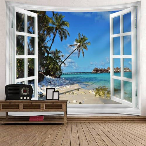 Mesnt Wandteppich Ozean, 210x140cm Fensterblick auf die Küstenlandschaft Tapisserie Wandbehang Wanddekoration für Schlafzimmer Wohnzimmer | Weiß Grün Blau