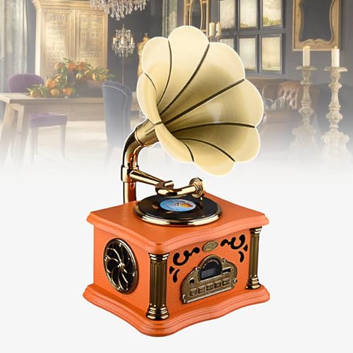 Altoparlante Bluetooth Retrò E Lettore Musicale Con Radio Fm, Forma Di Grammofono, Ornamenti per La Casa in Rame E Legno Massiccio, Supporta L'ingresso Disco U,Orange