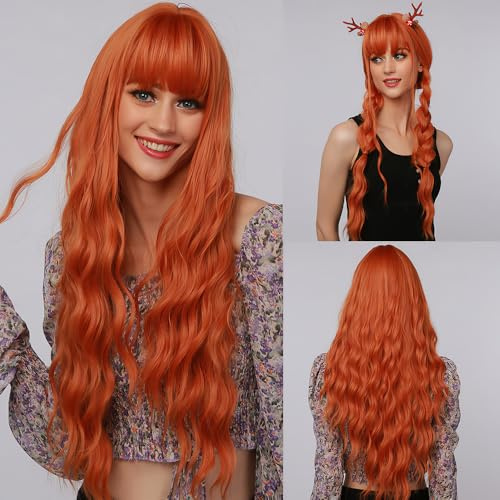 CGVG Orange Lange Lockige Gewellte Perücke mit Pony für Damen Natürliche Synthetische Hitzebeständige Perücke für Party tägliche Tragen Fasching Halloween (Orange-2)