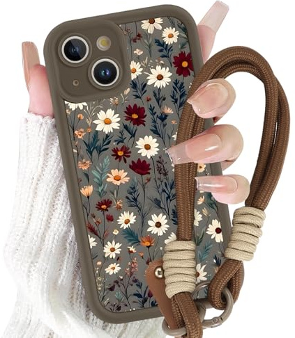 Yirlbey Klockfodral med snodd för iPhone 15 6,1 tum, mjukt silikonfodral med Aesthetic Blommor Blommönster, Stötsäkert Skyddande Stötfångare Fodral med Axelrem Kedja Halskedja iPhone15