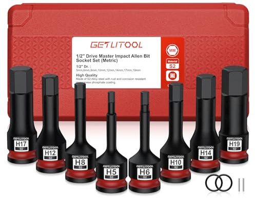 GETLITOOL Juego de llaves de impacto de 1/2 con seis caras interiores, 8 piezas de acero S2, juego de tuercas hexagonales con brocas de seis caras HX 5mm - 19mm, longitud 78 mm, juego de llaves de