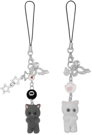 Nalefow Niedlicher Handy-Charm, flauschige Katze, ästhetischer Y2K-Handyanhänger, für Tasche, Kamera, Dekoration, Weiß und Grau
