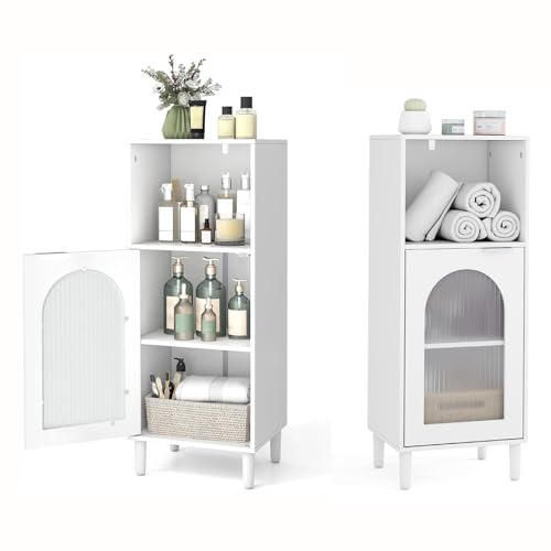 COSTWAY Badrumsskåp, smalt badrumsskåp med öppet fack och glasdörr, badrumsbyrå i trä med justerbar hylla, modernt förvaringsskåp för badrum, vardagsrum, kök, 35 x 30 x 90 cm