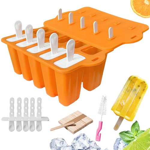 Midnadiy Molde Helado, Moldes Silicona Helados con 10 Cavidades Fáciles de Aflojar, Molde con Mango de Borde para Facilitar el Agarre, Moldes de Silicona sin BPA (Naranja