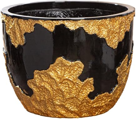 GILDE Famosa Cache-Pot - Or Noir Brillant - Fibre de Verre - Poly - Hauteur 30 cm x Ø 40 cm - Pot étanche