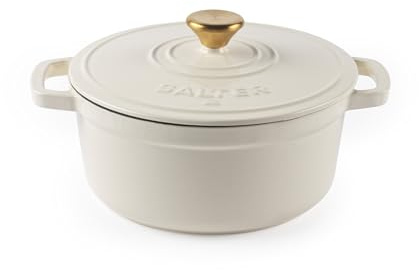 Salter Chester 24cm Cast Iron Casserole Pot – Self-Basting Lid, Dutch Oven/Stock Pot, Enamel Coated Cast Iron, Oven Safe, Suitable for All Hob Types Including Induction, 3.4L Cap., PFAS-Free, Cream