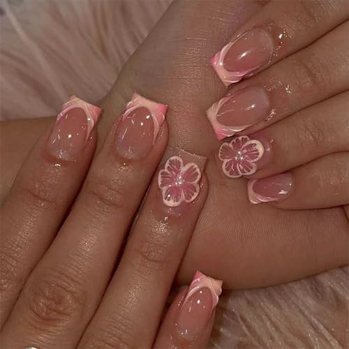 Nymora 24pcs French Tip Embossed Floral Pearl Press-On Nails, Short Square Acrylic False Nails with 3D Design, Full Cover Press on Nails with Jelly Glue