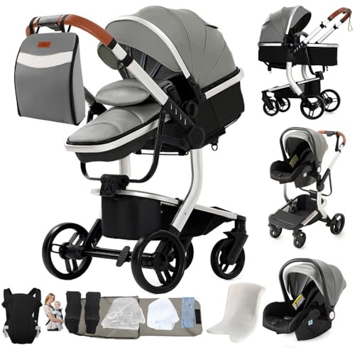 3 in 1 Kinderwagen Grau, höhenverstellbar, Hochsicht | Praktisches Komplettset mit Muttertasche und Babytrage. platzsparend faltbar für komfortable Ausflüge