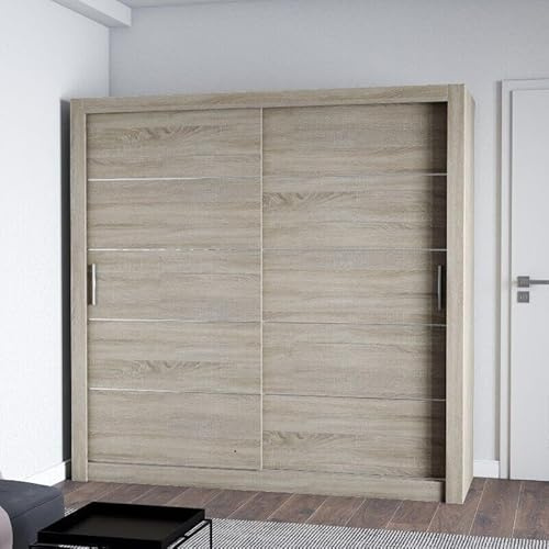 FHI_LEXISS Modern Sliding Door Wardrobe with Shelves, Hanging Rails & Optional LED Light – Bedroom Closet Storage Cabinet – Available in 100cm, 120cm, 150cm, 180cm, 203cm (Oak, 150cm)