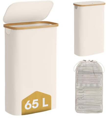 Bellamio Tolt Wäschekorb 65 L, Beige, schmal, mit Deckel, Bambusring | Wäschesammler, Wäschesammelbox aus Oxford-Gewebe, Schmutzwäschebehälter mit herausnehmbarem Wäschesack, hohe Wäschetonne