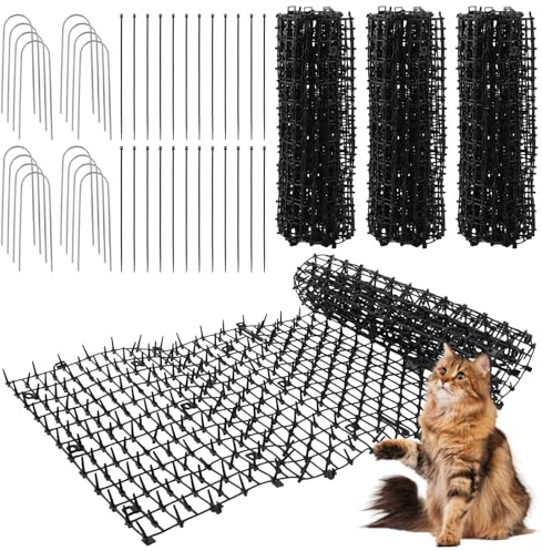 JMIATRY 4 Rollos Pinchos Anti Gatos Negro 30x103 cm Alfombrilla Disuasoria para Jardin con Estacas en U y Bridas Incluidas para Vallas, Macetas, Plantas