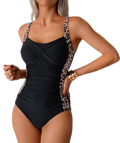 ADUDVLO Womens Swimming Costumes Tummy Control Bathing Suit One Piece Retro Ruched Swimwear with Detachable Breast Pads for Beach Vacation Pool Party (UK, Alpha, L, Regular, Regular, Black)